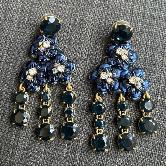 J.Crew Navy Blue Large Dangle Statement Earrings Crystal Rhinestones - Picture 7 of 14